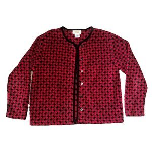 Vintage Talbots Cardigan Womens Small Red Black Houndstooth Cabin Grandma Granny